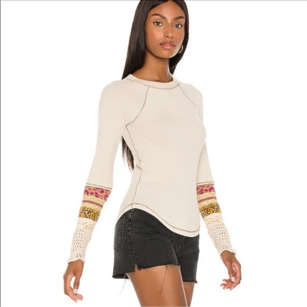 Free People Size Small Boho Thermal Top Crochet Cuff Patchwork Sleeve Cream